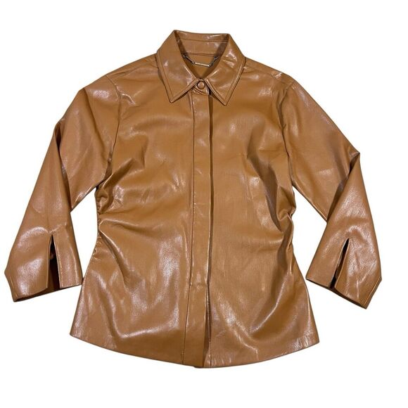 Elie Tahari Faux Leather Short Jacket Shacket Button Down Tan Camel Size XS - Picture 1 of 7